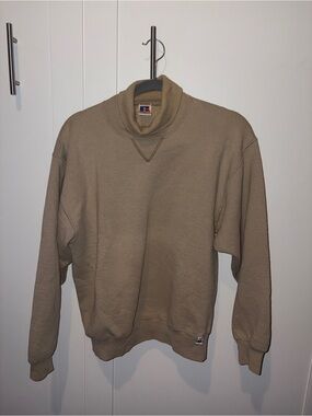 Vintage Russell Athletic Men's Tan Funnel Neck Pullover Sweater